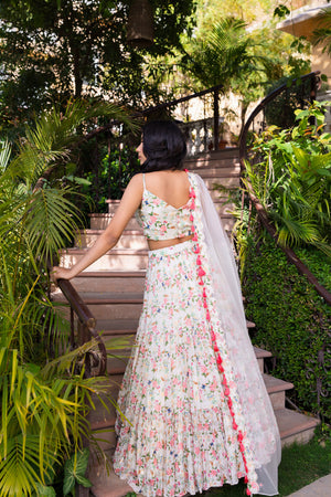 Off-White Floral Georgette Crepe Embroidered Tiered Lehenga Set image 4