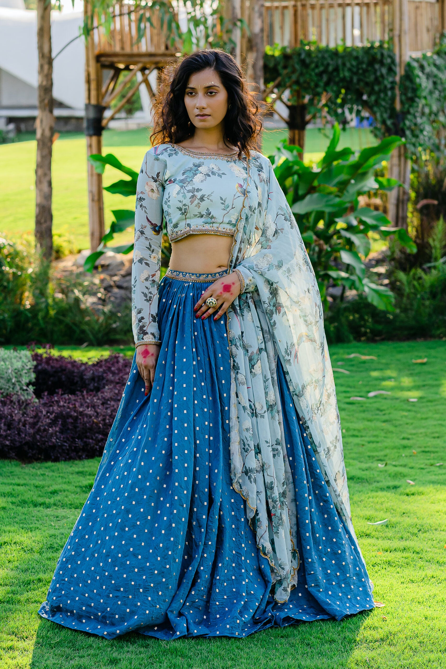Powder Blue Printed &amp; Embroidered Lehenga Set image 3