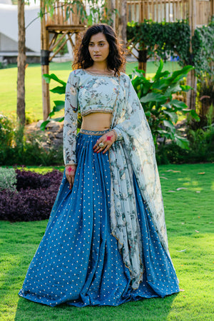 Powder Blue Printed &amp; Embroidered Lehenga Set image 3