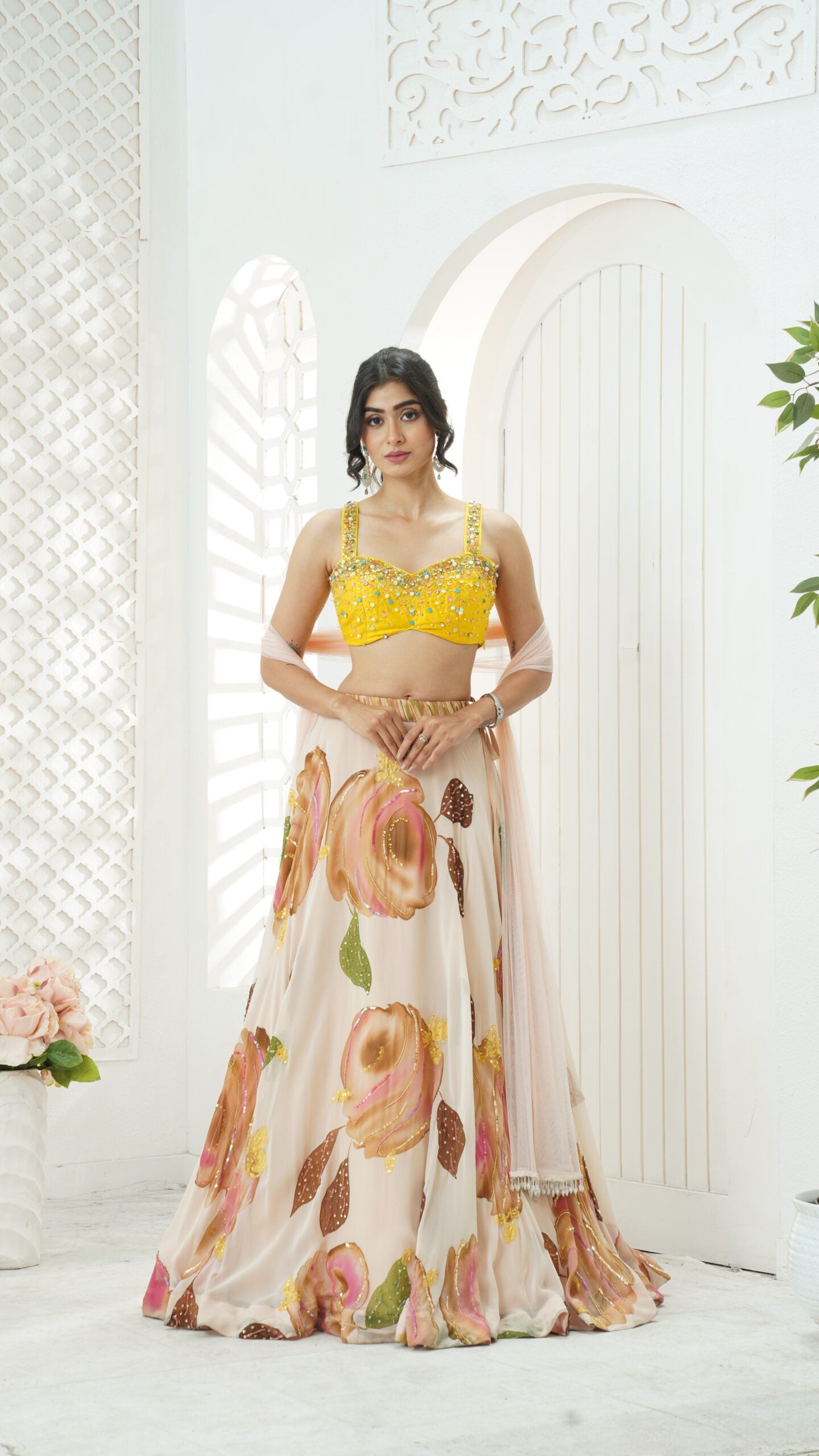 Baby Pink hand painted lehenga and embroidered  Yellow blouse set - XL image