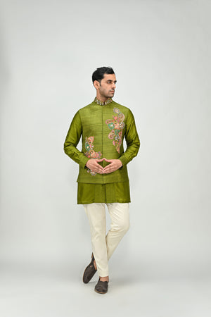 Olive Patch Bundi  Kurta Pant Set image 3