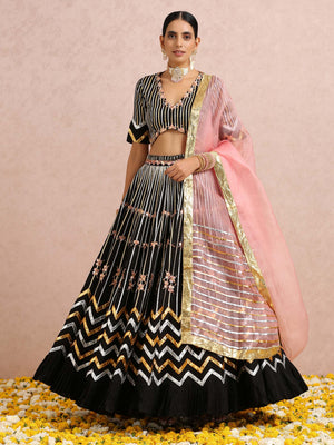 Black Embroidered Stripe Lehenga Set - XL image