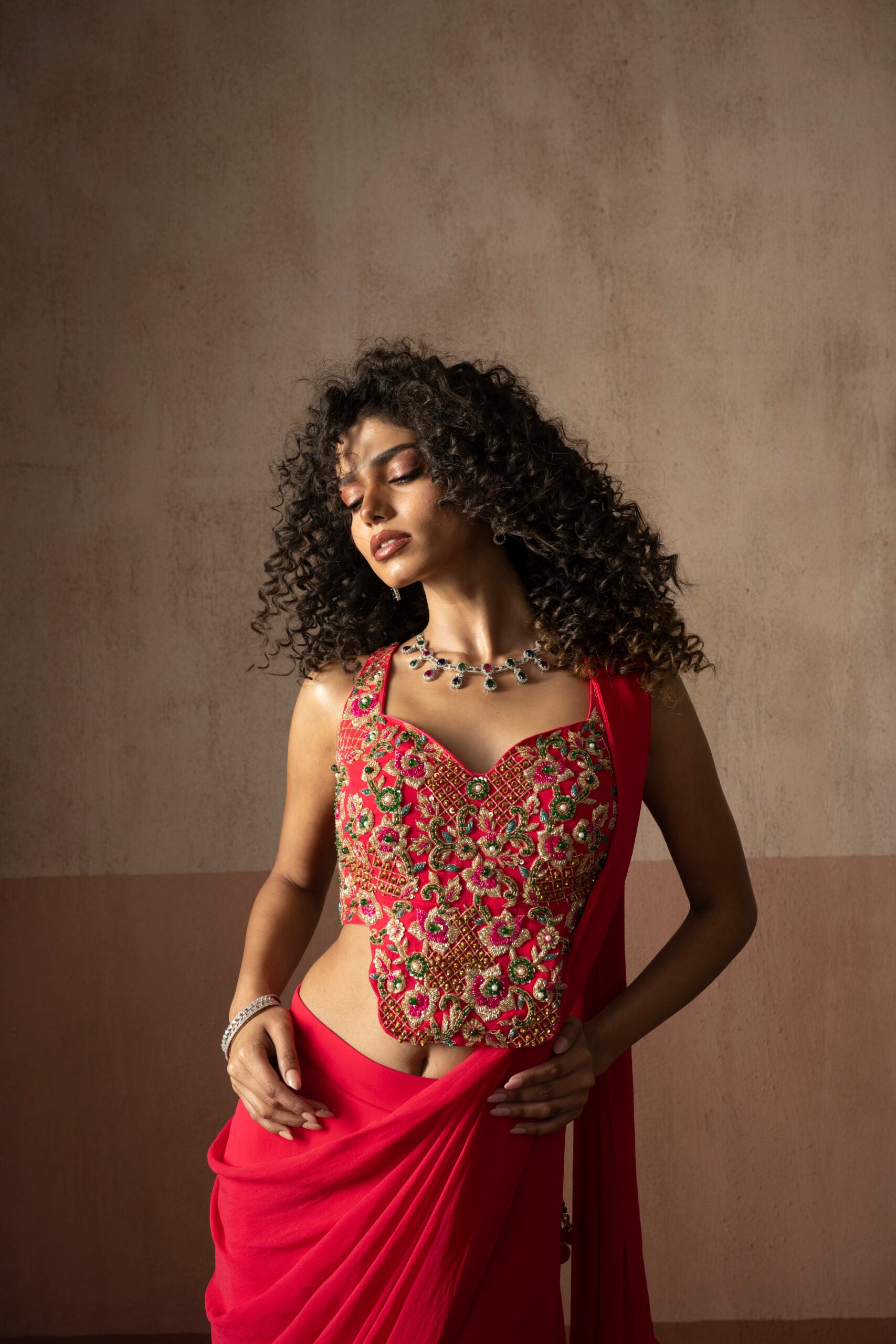 Pre-Draped Fuschia Pink Embroidered Georgette Saree With Corset Blouse image 4
