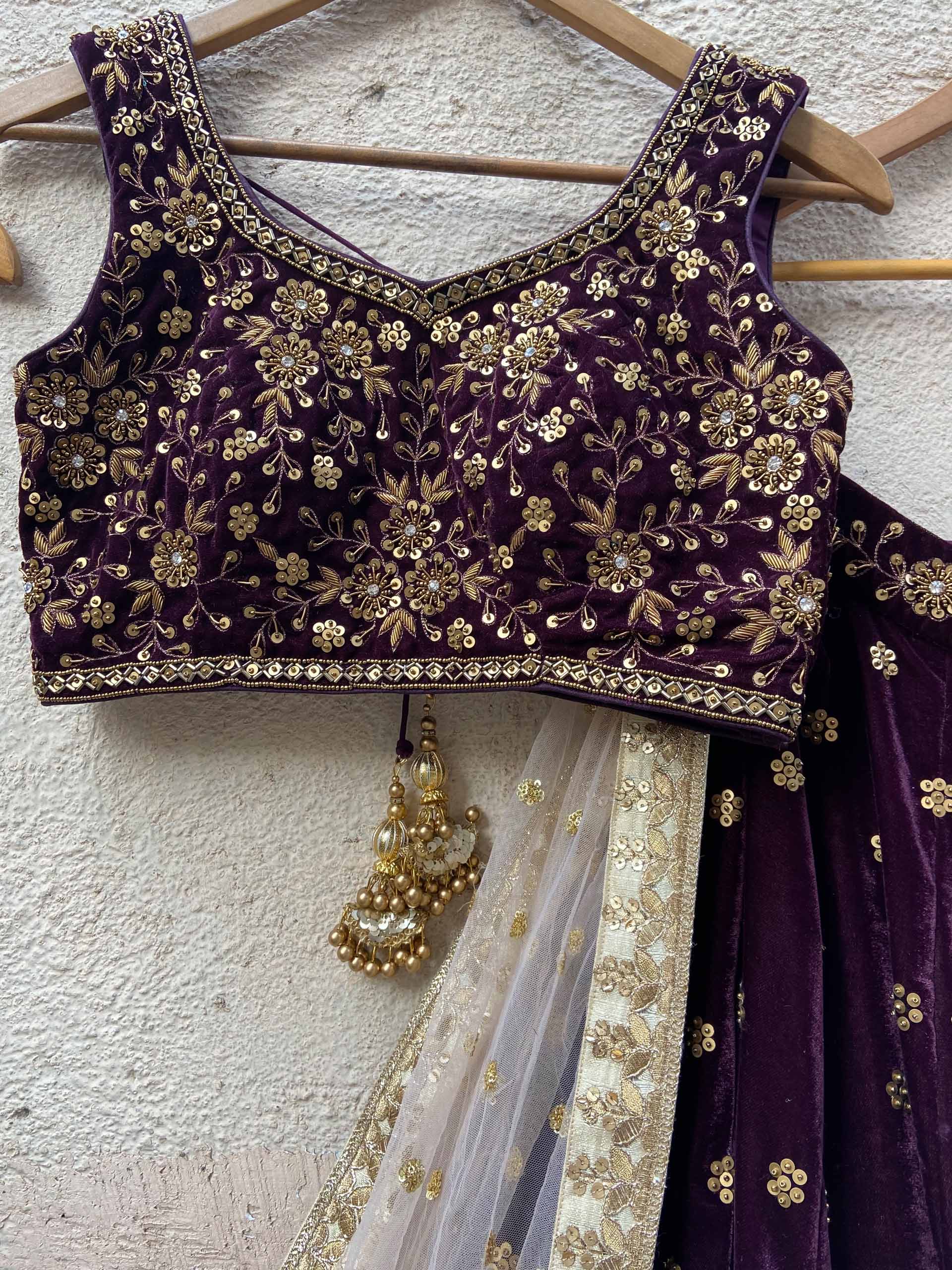 Wine Velvet Lehenga Set image 2
