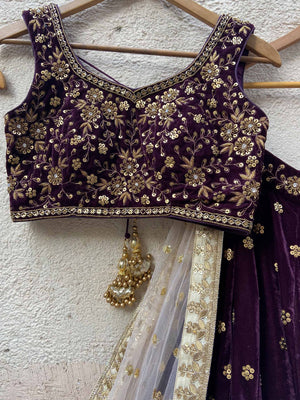 Wine Velvet Lehenga Set image 2