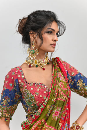 Olive Highlighted Dual Pre-stitched Saree Paired With Patch Blouse image 1