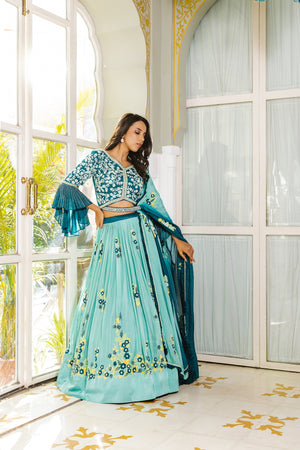 Sea Green Georgette Crepe &amp; Satin Embroidered Lehenga Set - L image
