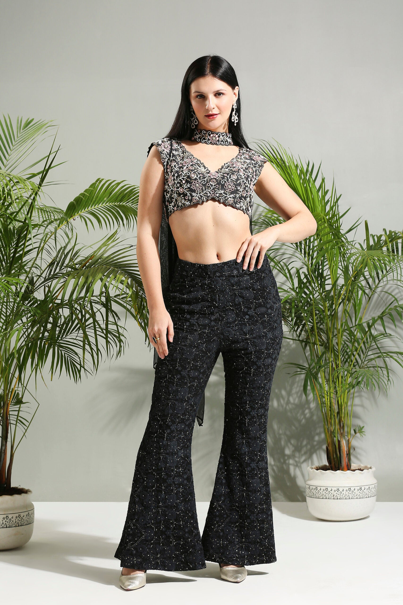 Black Thread and Mirror Hand Embroidered Palazzo Set image 1
