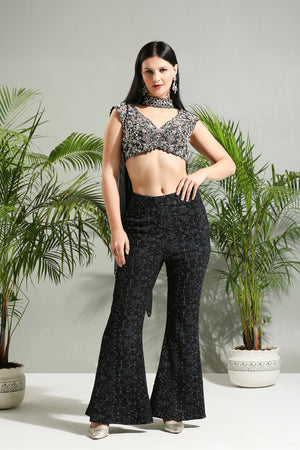 Black Thread and Mirror Hand Embroidered Palazzo Set image 1