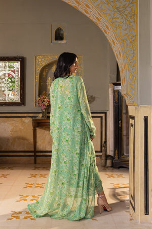 Green Georgette Draped Skirt &amp; Jacket Set image 6