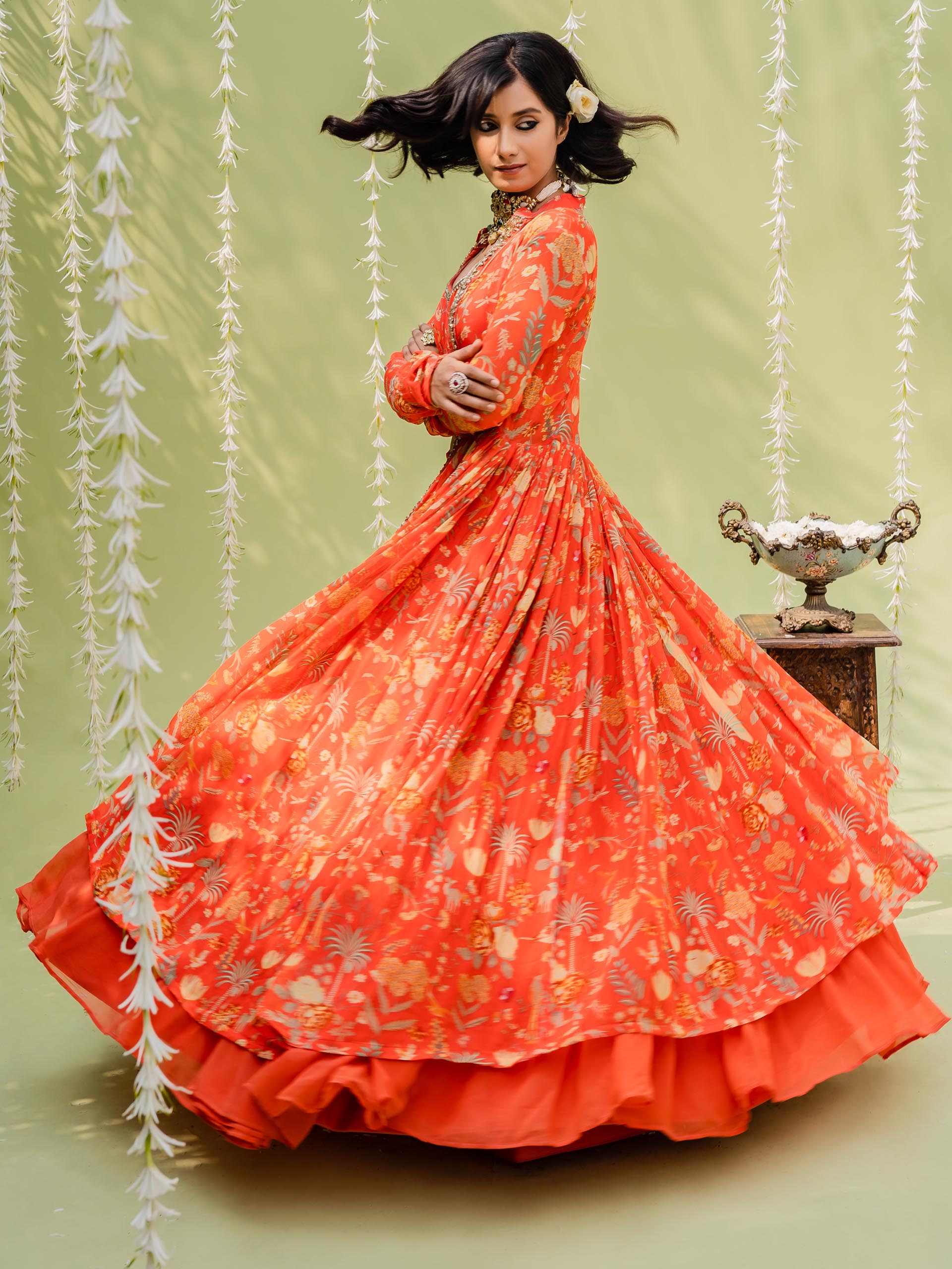 Rust Orange Garden Lehenga Set with Cape image 1