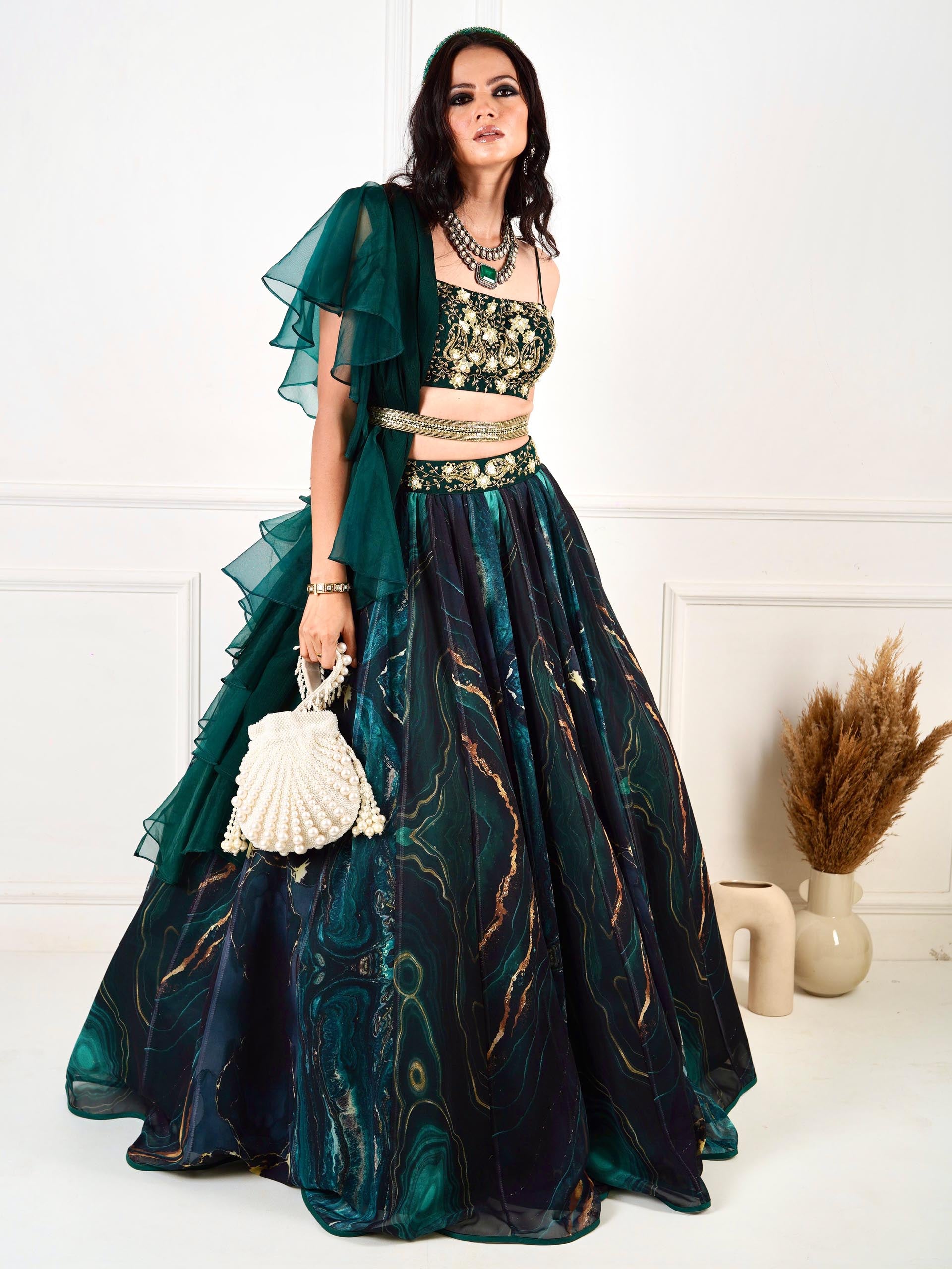 Green Meesha Marble Lehenga Set image 0