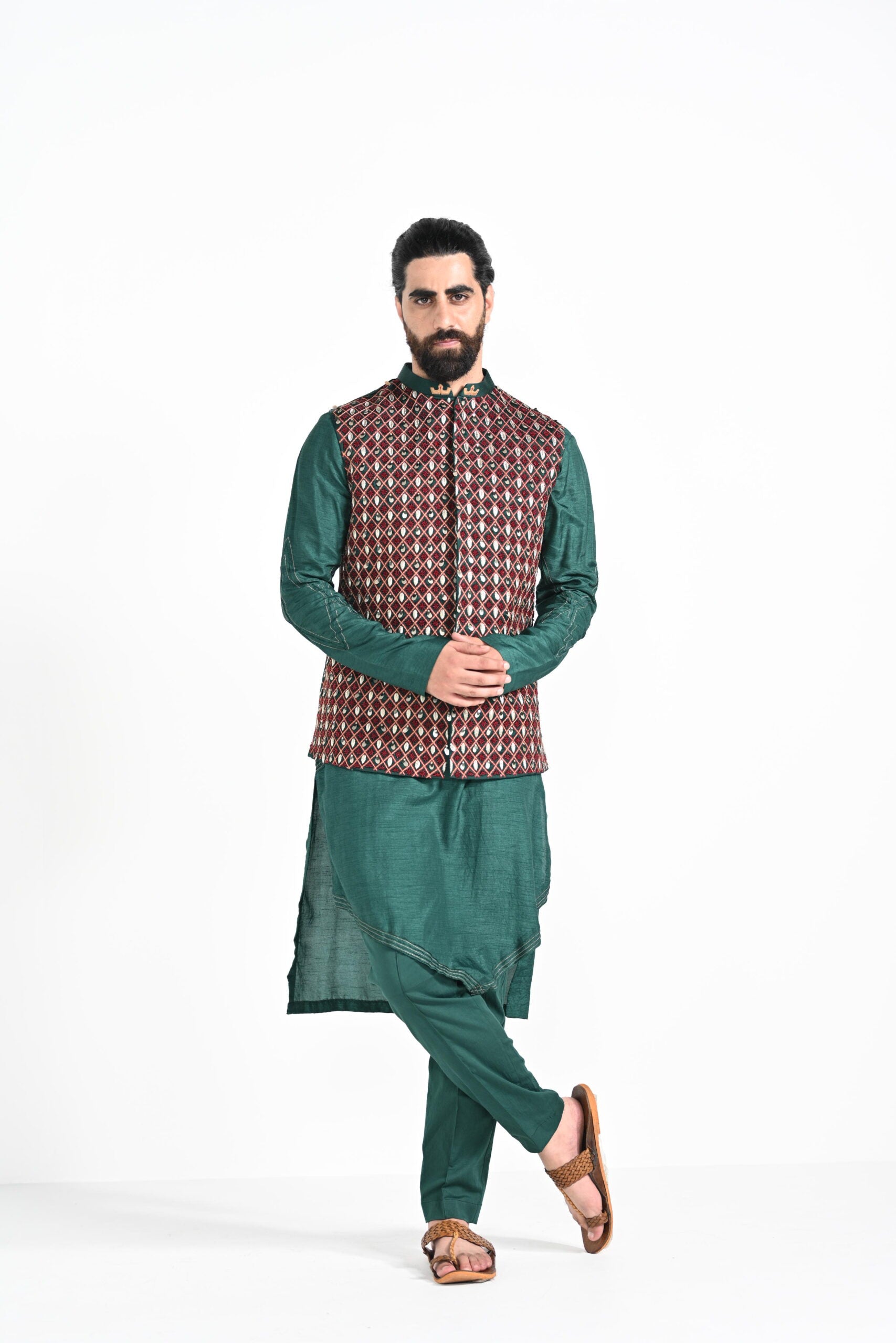 Bottle Green Jhaal Work Nehru with Zari Stitchline Detail Kurta Set image 0