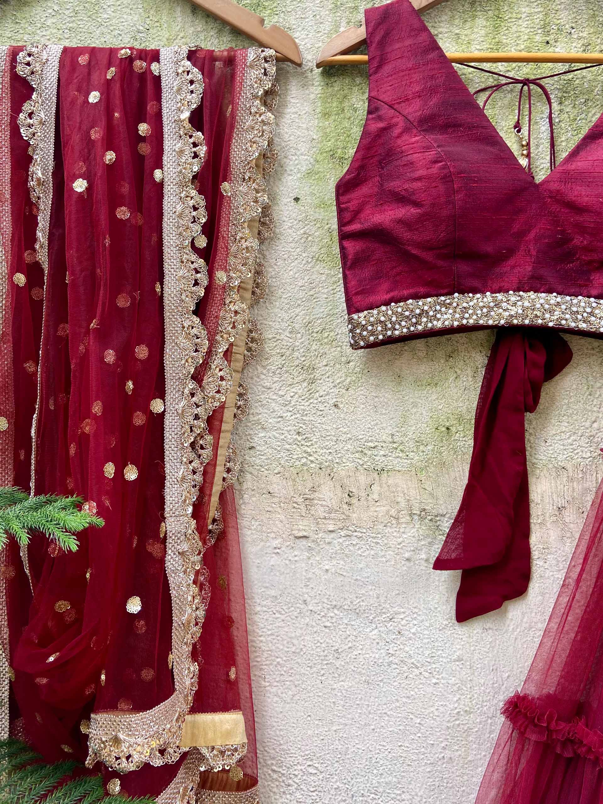 Burgundy Tier Ruffle Lehenga Set image 2