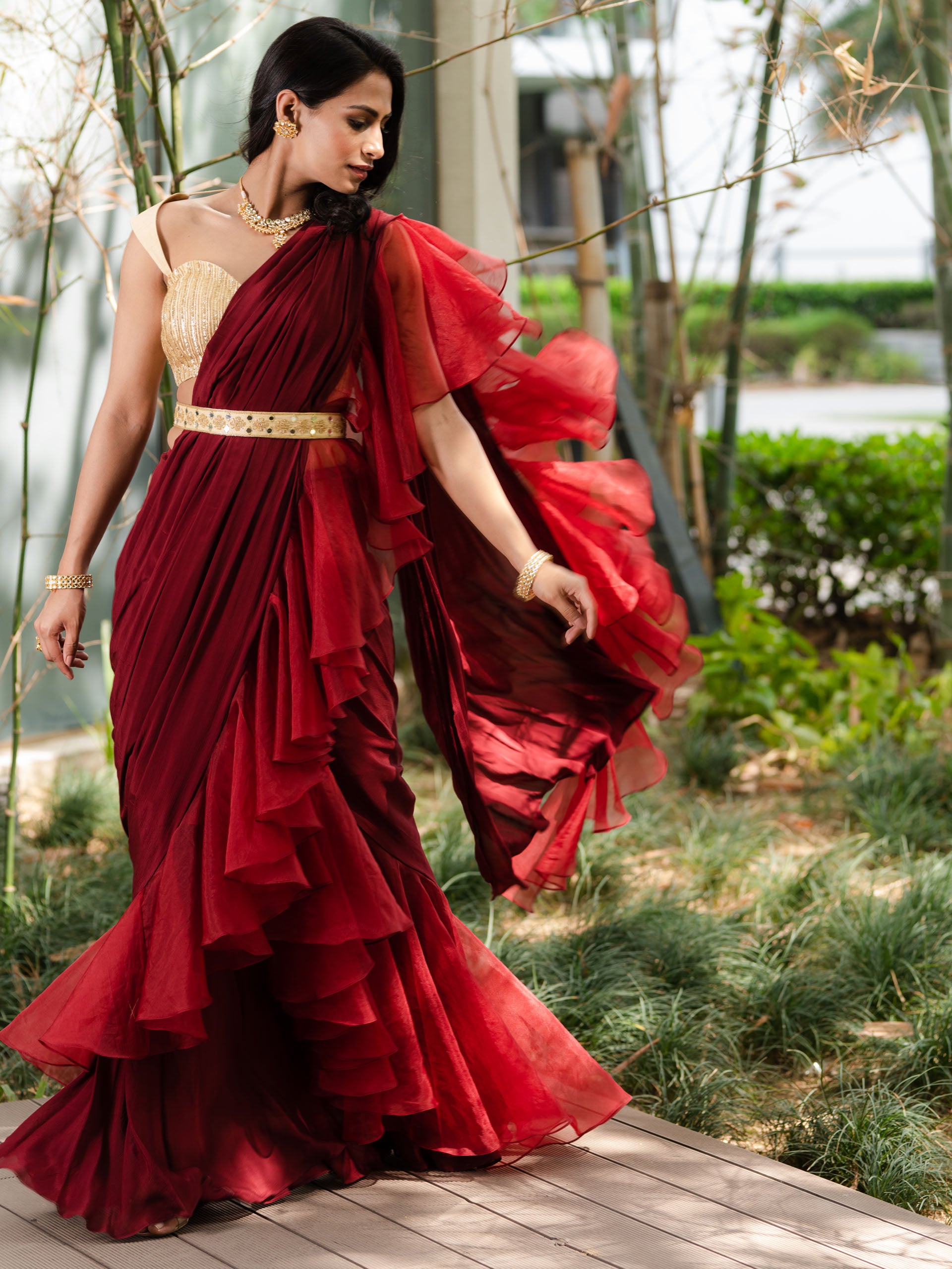 Maroon and Gold Lasha Saree Set image 3