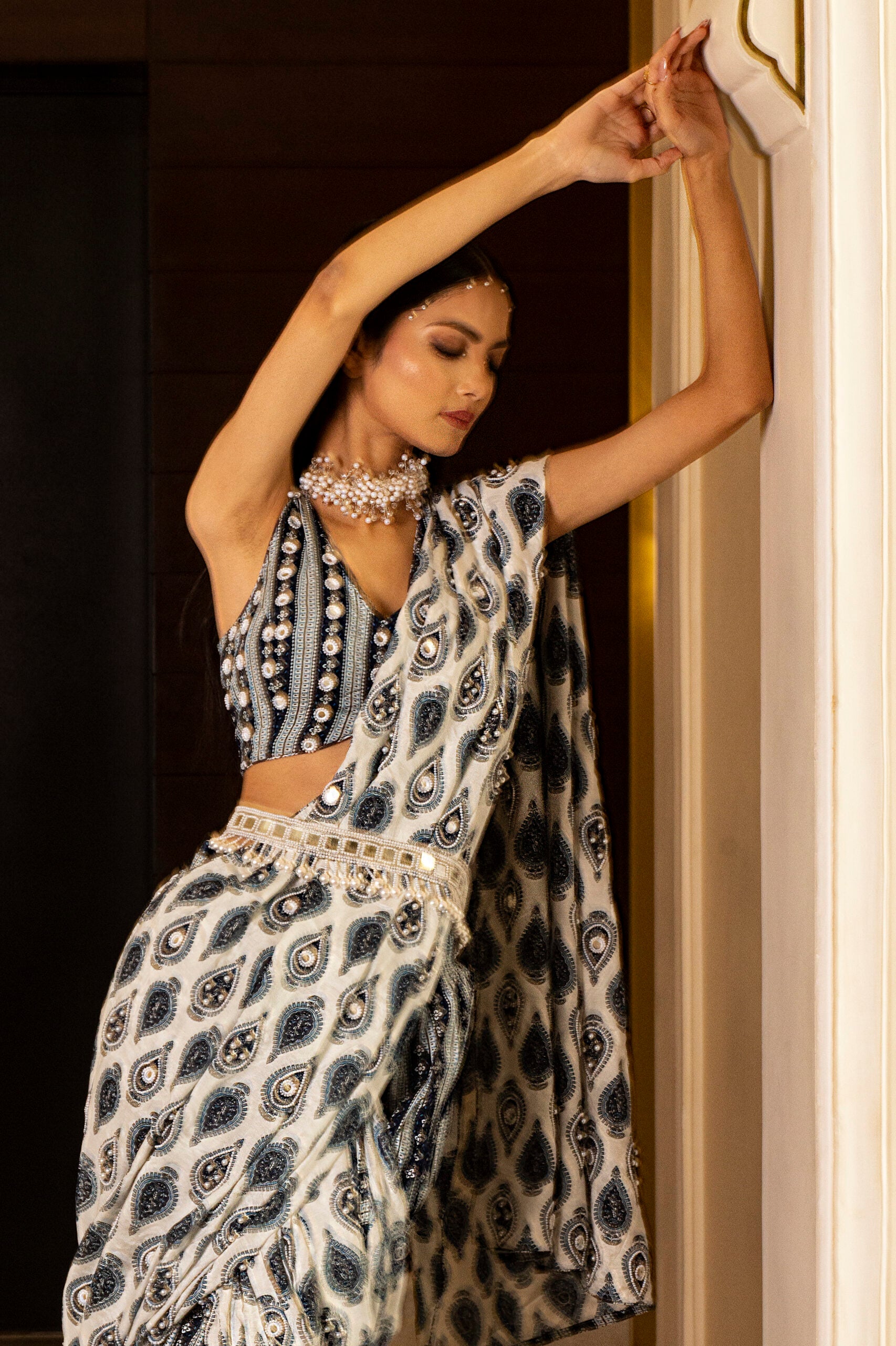 White and Blue Printed Saree Set - Custom image