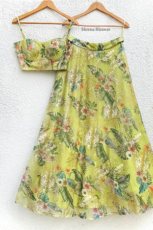 Lime Green Bustier and Lehenga in Mystic Florals with Metallic Gold - S image