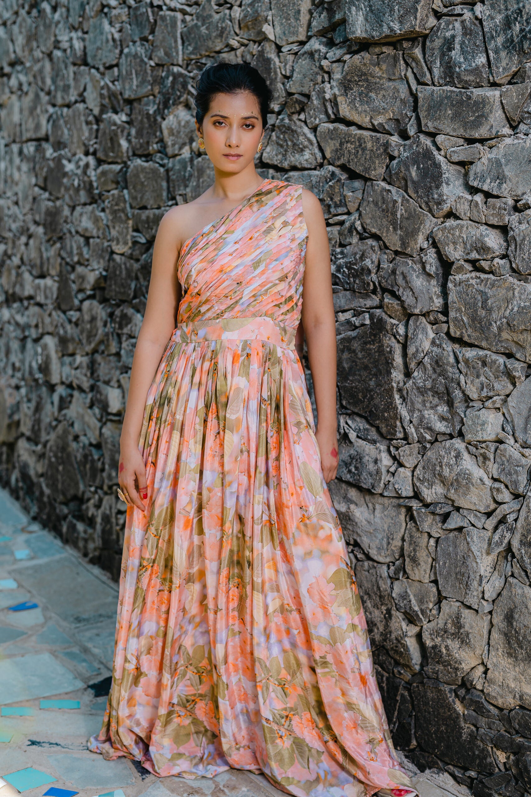 Coral Peach Printed &amp; Pleated Jumpsuit - S image