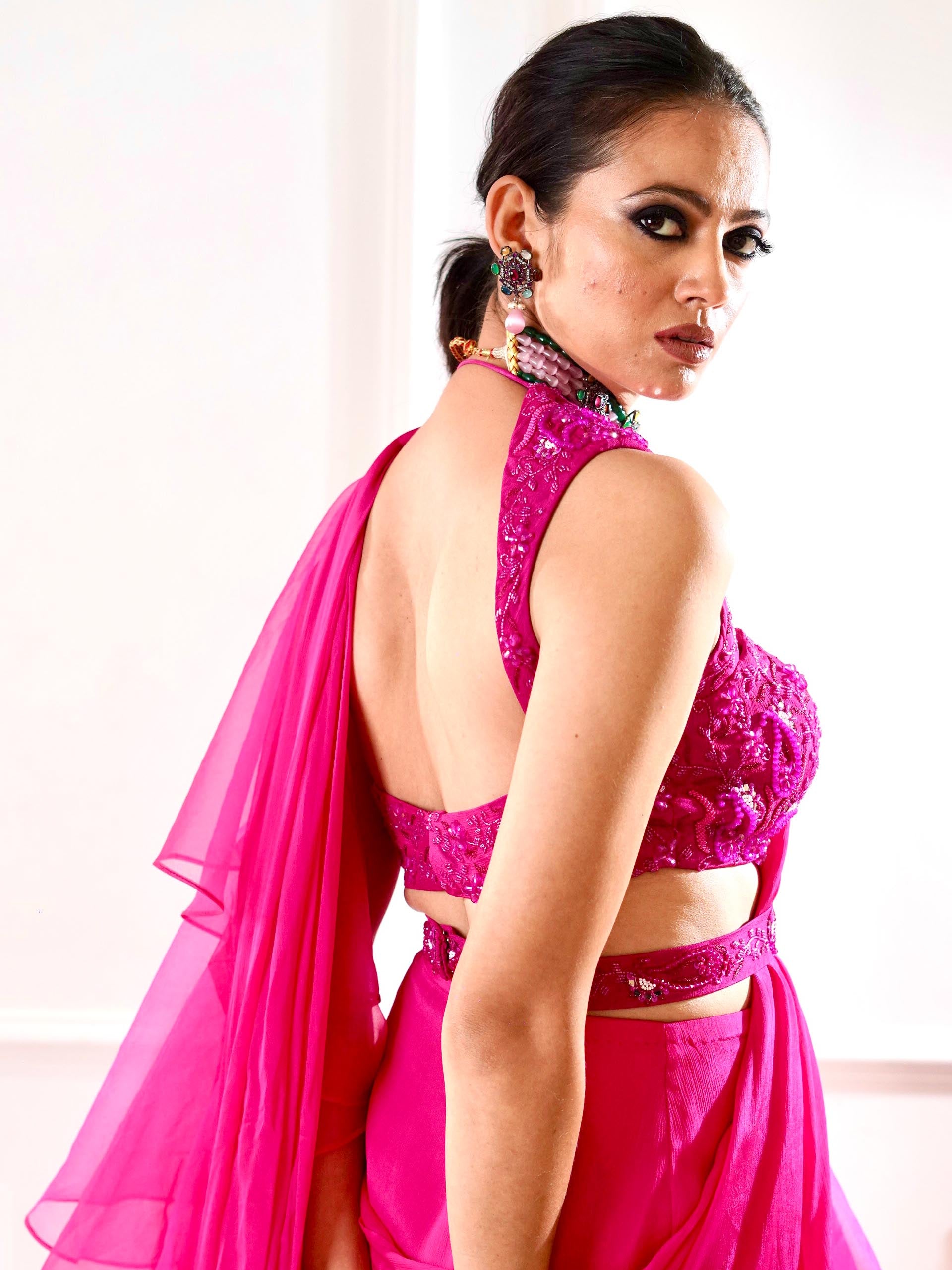 Rosie Hot Pink Ruffle Saree Set image 9