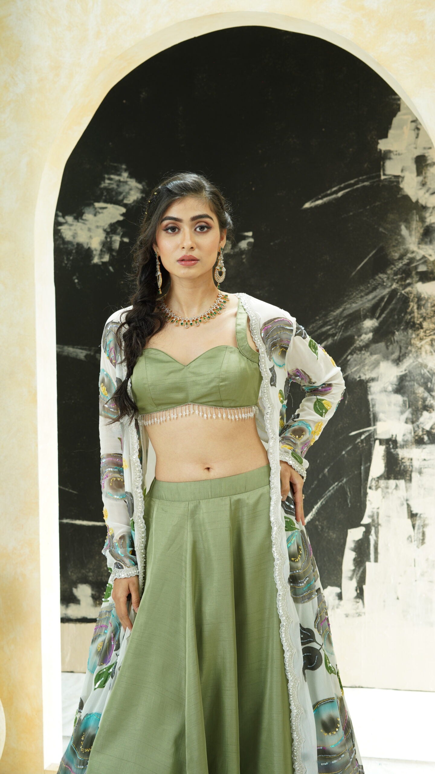 Sage Green lehenga set with hand painted jacket image 0