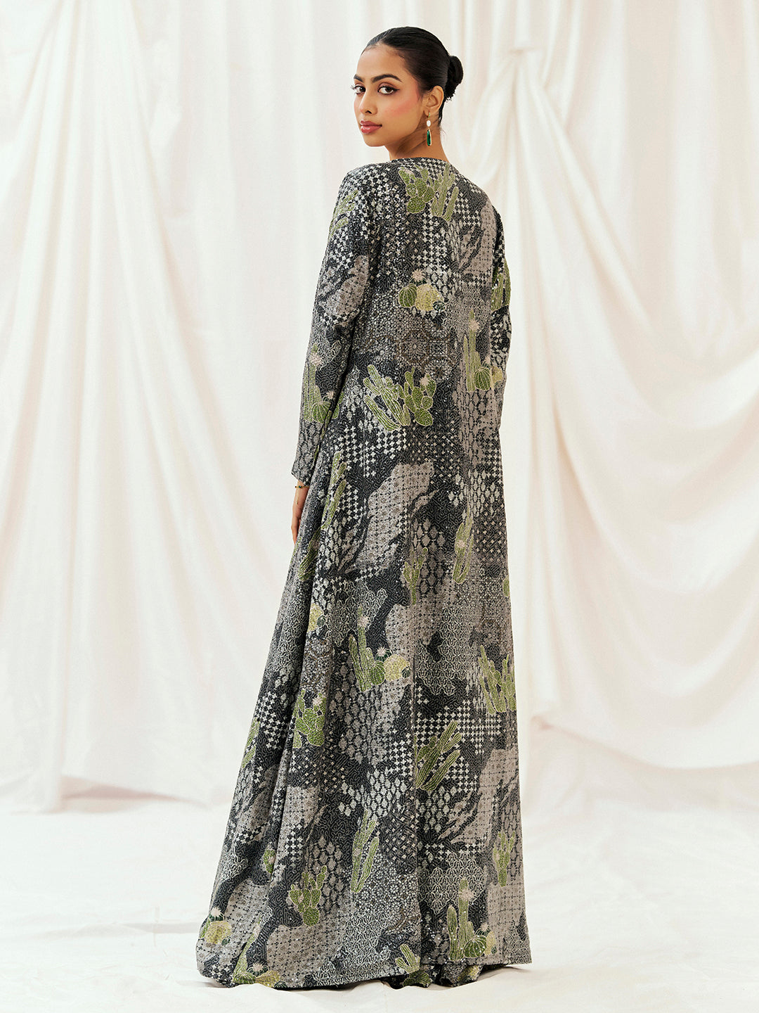Black Printed Embroidered Long Jacket Sharara Set image 4
