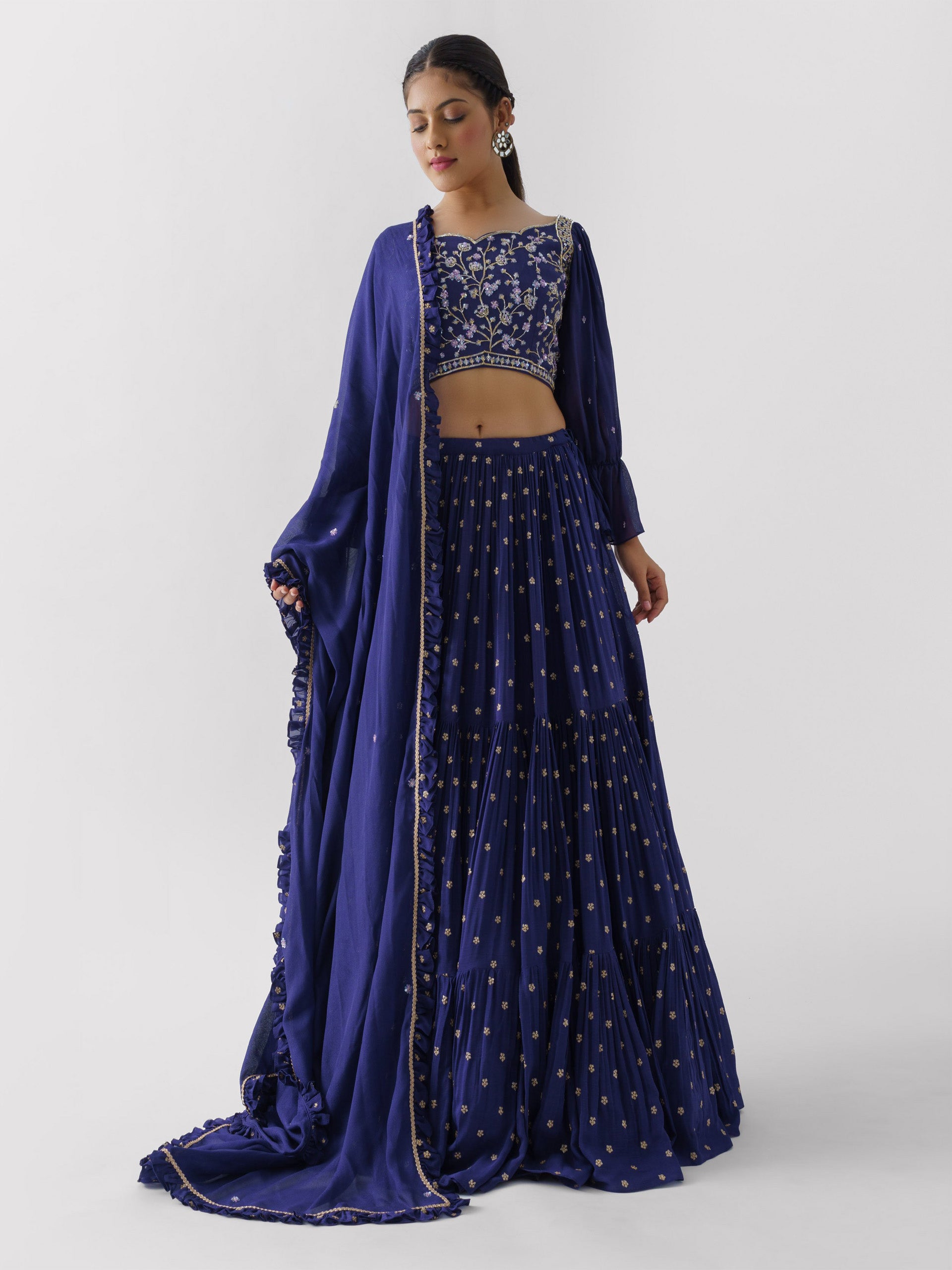 Purple Three Layered Lehenga Paired With Blouse And Dupatta - Custom image