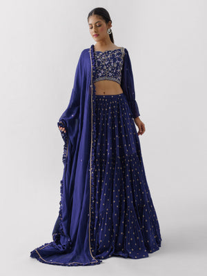 Purple Three Layered Lehenga Paired With Blouse And Dupatta - Custom image