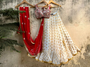 Ivory and Red Ruffle Lehenga Set image 2