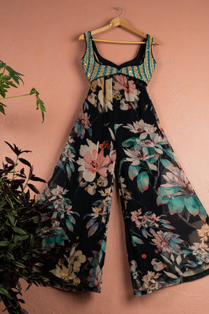 Midnight Blue Floral Blossom Pallazo Pant With Jacket Set image 3