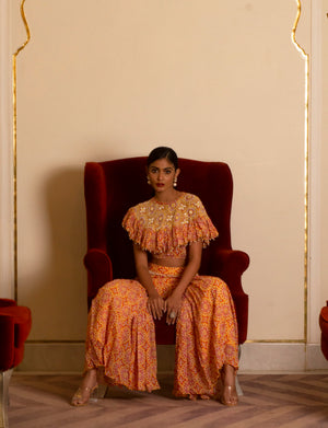 Yellow Printed Sharara Set With Cape image 3