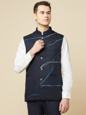 Navy Blue Printed Bundi Jacket image 2