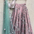 Pink Hand Embroidered Lehenga with Mint Green Blouse image 0