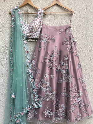 Pink Hand Embroidered Lehenga with Mint Green Blouse image 0