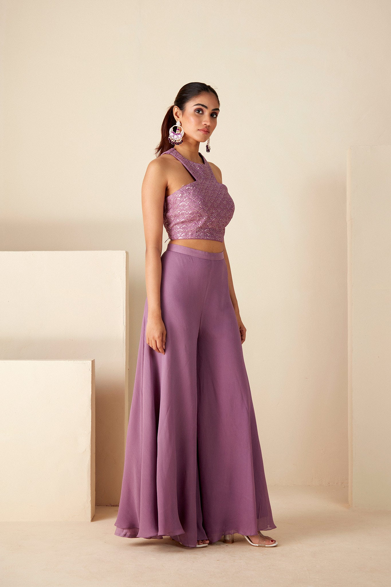 Embroidered Mauve Crop Top and Flared Pants Set image 4