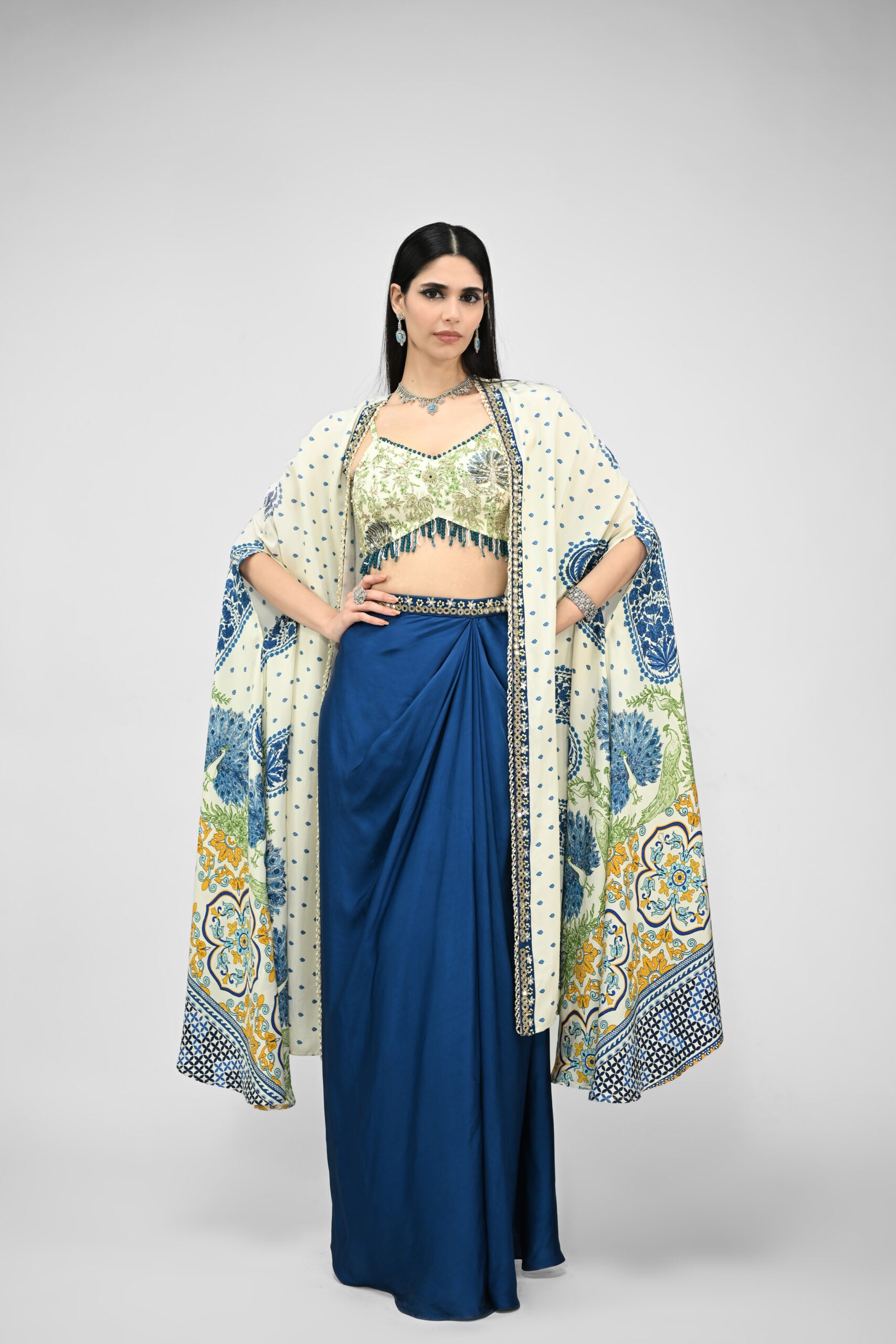Peacock Printed Highlight Bralette Paired With Dhoti Set And Printed Cape - L image