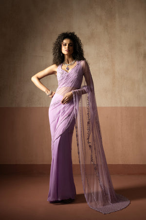 Pre Draped Lavender Hand Embroidered Net & Georgette Saree - XL image