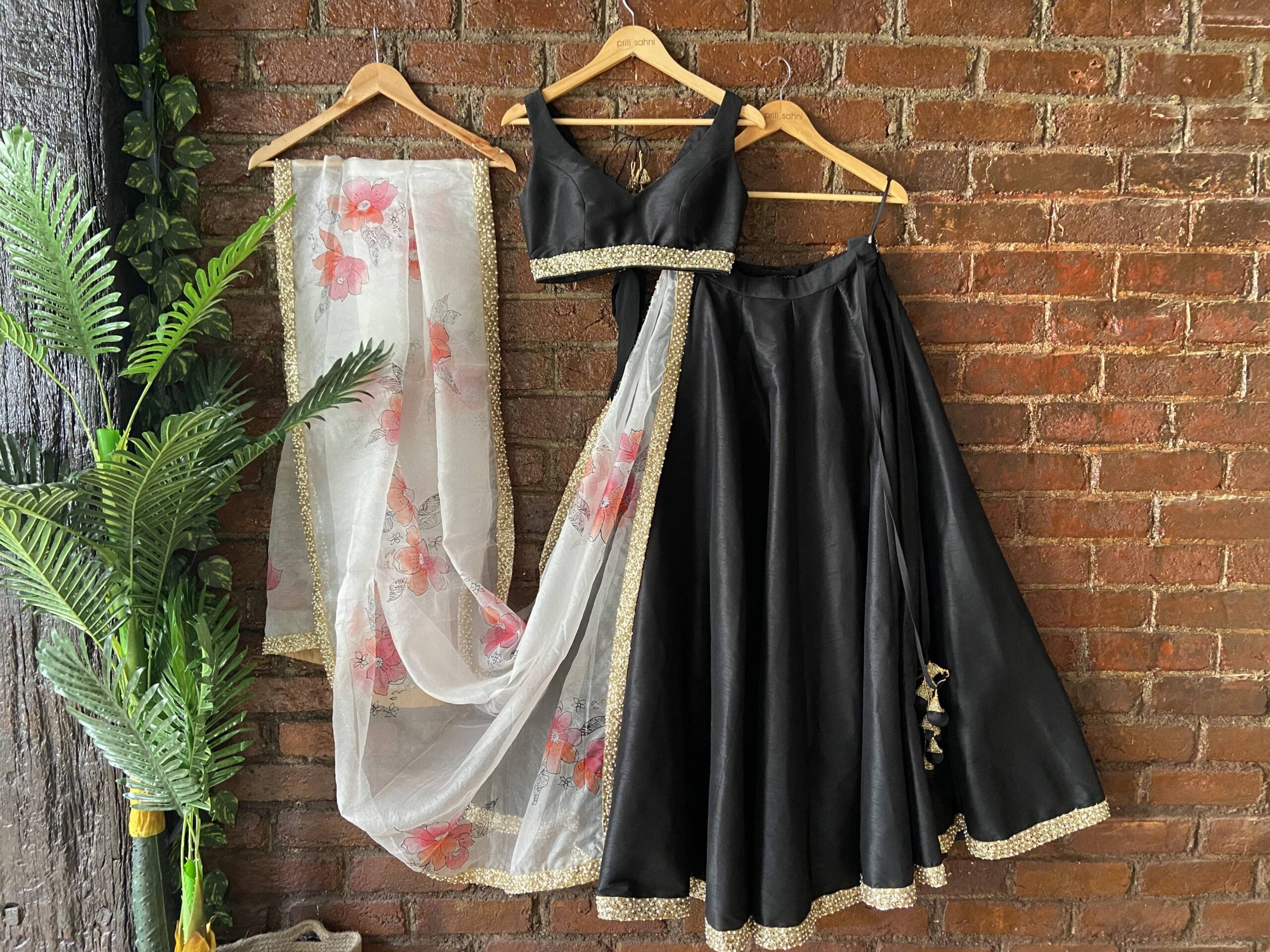 Black Raw Silk Lehenga Set with Hand Painted Dupatta - XL image