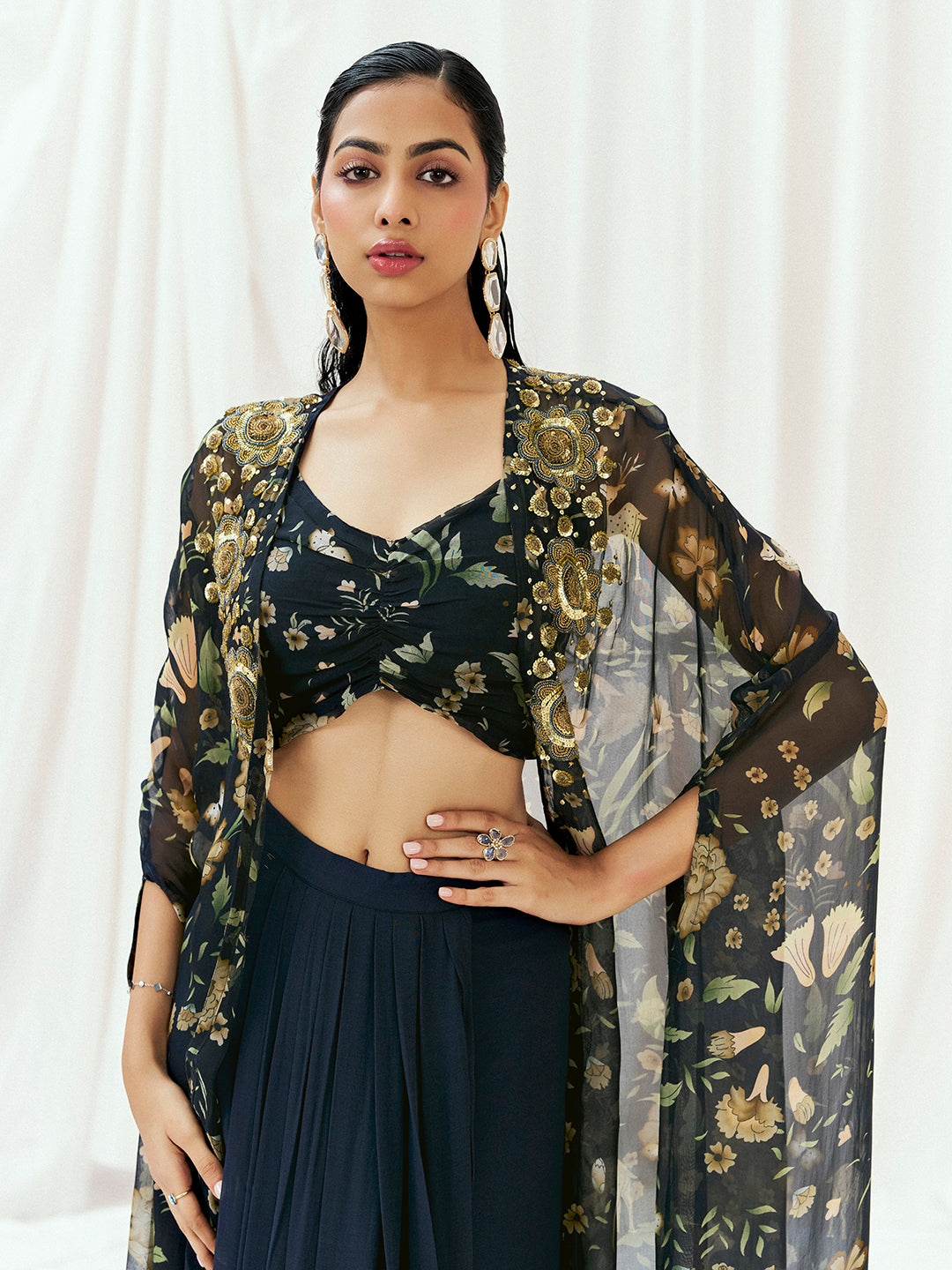 Navy Blue Printed Embroidered Drape Skirt Set with Cape image 7