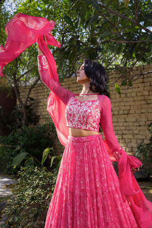 Pink Georgette &amp; Net Layered Lehenga Set image 2