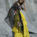 Black Multi-Colour Embroidered Blouse with Yellow Ruffled Lehenga Set image 0