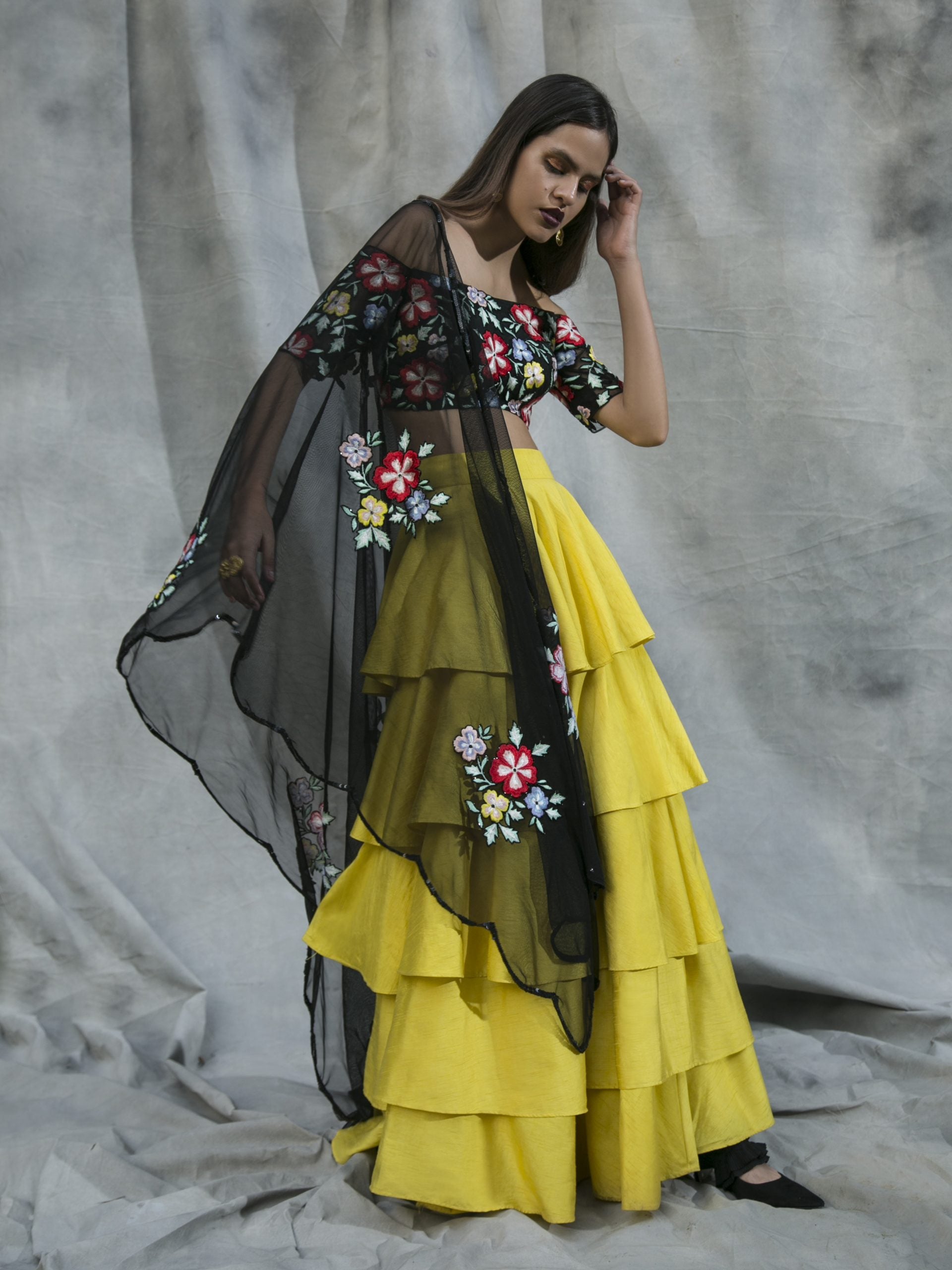 Black Multi-Colour Embroidered Blouse with Yellow Ruffled Lehenga Set image 0