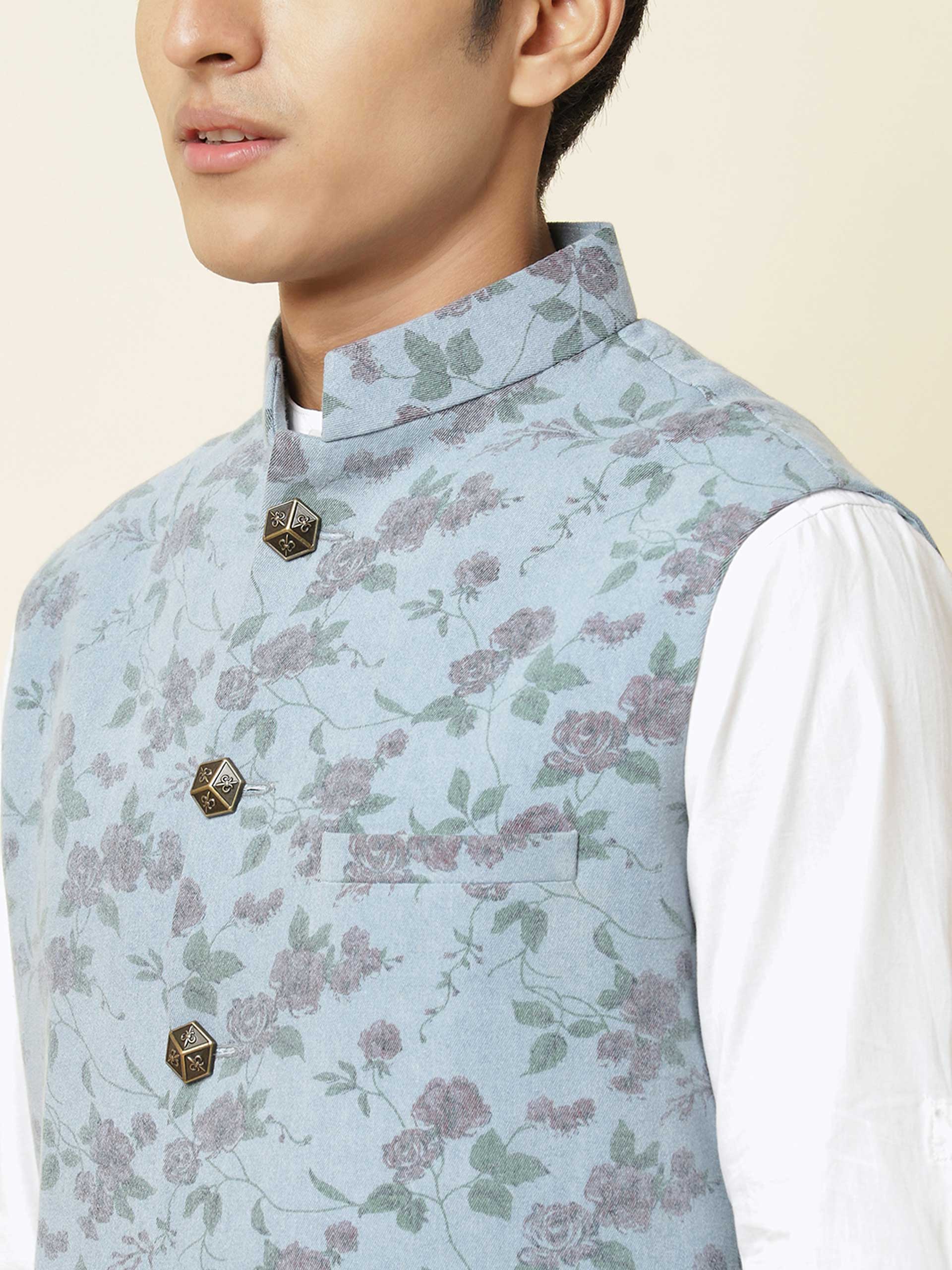 Denim Rose Print Bundi Jacket image 1