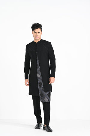 Black Panelled Achkan Set image 8