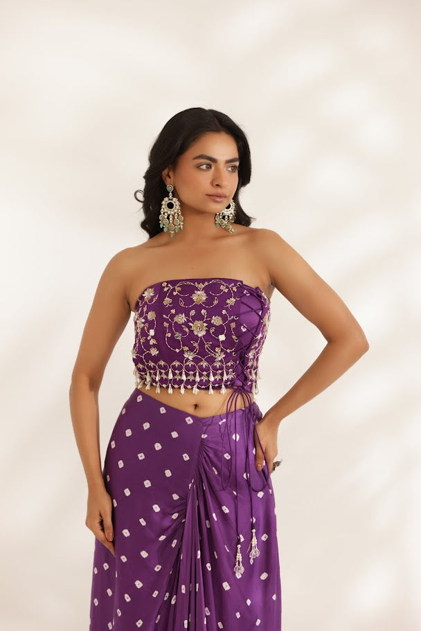 Purple Bandhani Drape Skirt Set image 2