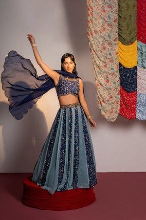 Royal Blue Printed and Embroidered Lehenga Set image 5
