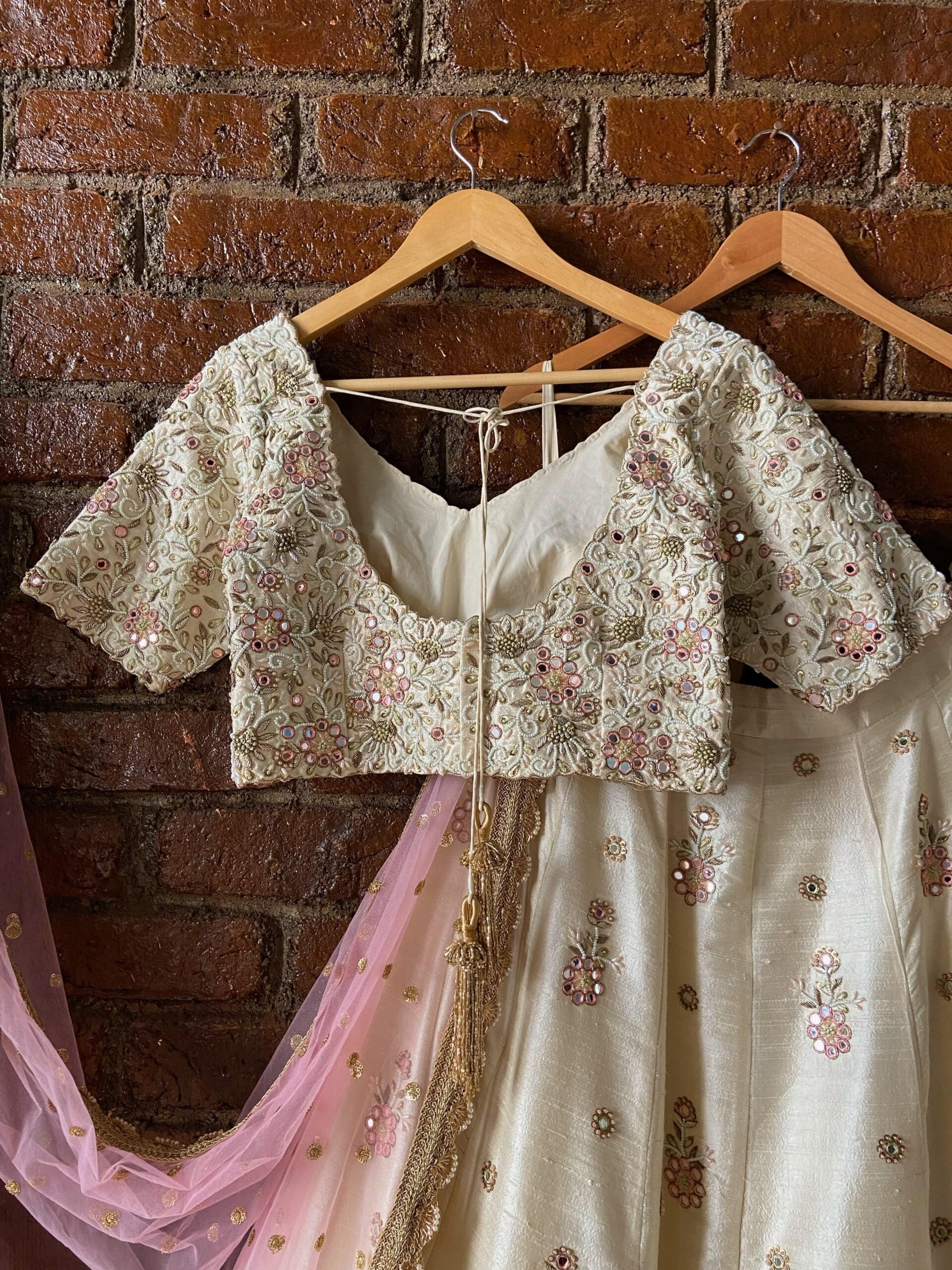 Ivory and Pink Resham and Mirror Hand Embroidered Lehenga Set image 1