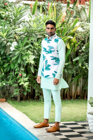 Tropical Print Bundi Jacket Kurta Set - L image