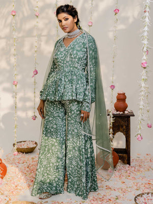 Floral Olive Green Sharara Set image 0