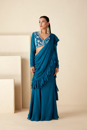Teal Blue Ruffle Pant Saree - M image