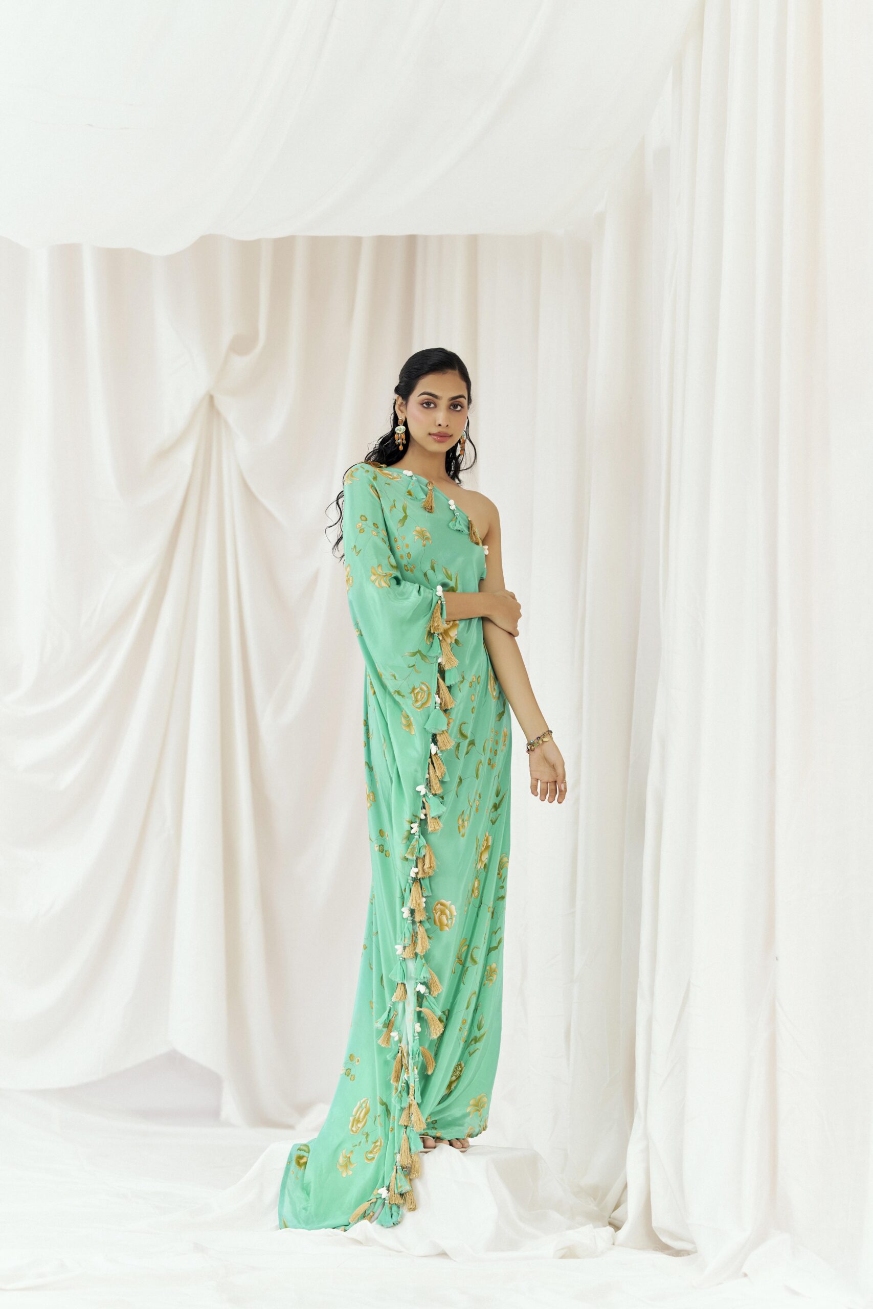 Turquoise Blue Printed Beaded Kaftan - L image